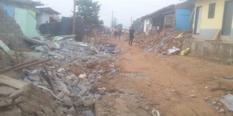 Remains of the destroyed structures in the Yde 1 student residential area