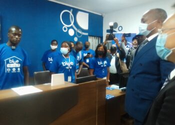 Commercial agents of 'Blue' answering to questions from potential 'Blue Home' customers