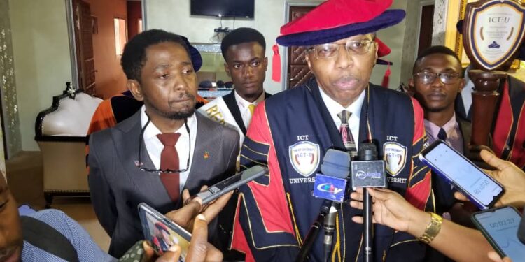 Prof. Jean Emmanuel Pondi, Vice Chancellor of the ICT university addressing the press after the induction ceremony