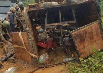 Cameroon military vehicle crashes in crisis-hit Bafut, North West Region on January 10, 2022, after stepping on a separatist-set Improvised Explosive Device