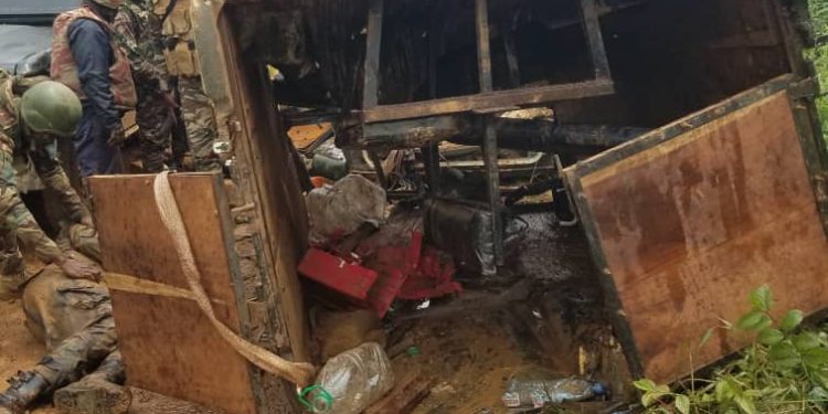 Cameroon military vehicle crashes in crisis-hit Bafut, North West Region on January 10, 2022, after stepping on a separatist-set Improvised Explosive Device