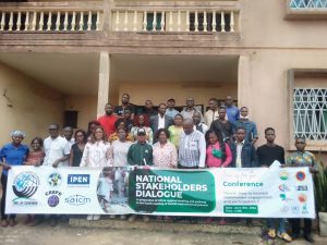 Civil society organizations pose after a workshop on toxic chemicals at the head office of JVE Cameroun 