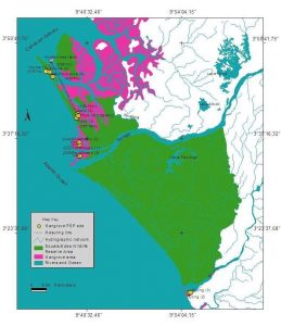 Map shows mangrove coastline in the Douala-Kribi coastline
