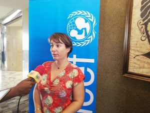 Anne Laure Maiola, Chief supply and logistics at UNICEF Cameroon talking to journalists during the workshop 