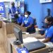 Customer appreciating quality services at Blue counters
