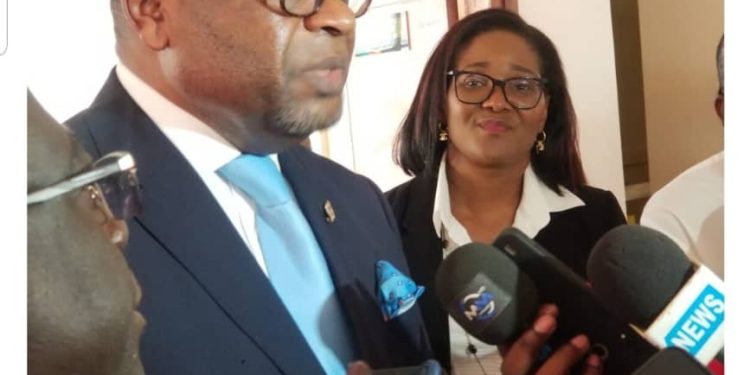 Hon. Louis Henri Ngatcha, President of the Parliamentary Network for Decentralised and Cross Border Cooperation speaking to the press after the signing ceremony in the presence of Madam Jocelyne Essam Epse Ngassa, promoter of Smartteam Consulting
