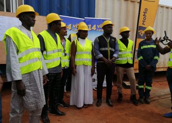 The four lucky winners of the MTN Chance Promotion with MTN Cameroon officials at the contribution site of their future villas