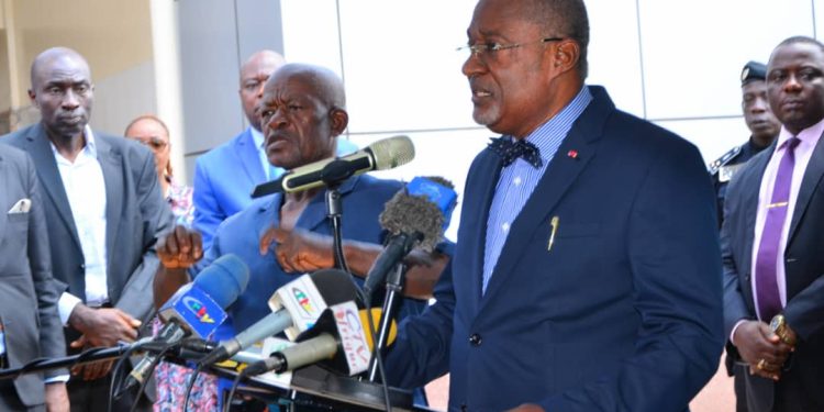 Board chair of Elecam, Enow Abrams Egbe addressing the media