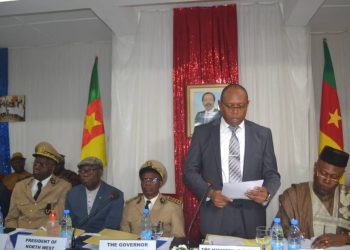 President of the steering committee of the presidential reconstruction plan delivering his message in Bamenda