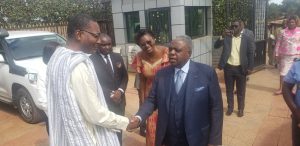 Deputy resident representative of UNDP in Cameroon, Alassane Ba (R), receiving the minister of communication, Rene Emmanuel Sadi in Soa 