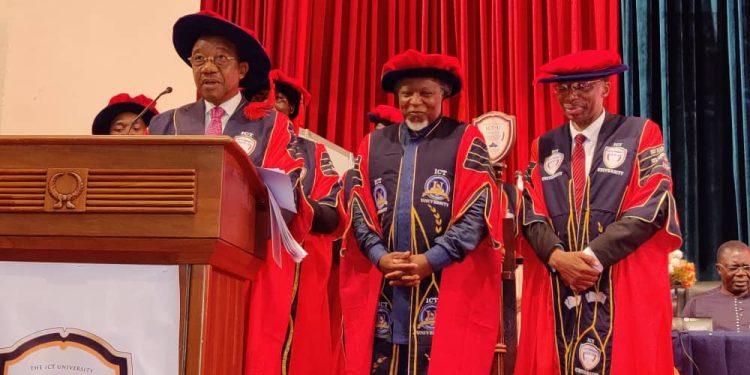 CRTV General Manager, Charles Ndongo, at the rostrum accompanied by Eric Chinje and the Vice Chancellor of the ICT University