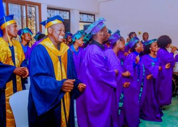 Graduating students celebrating success at graduation ceremony