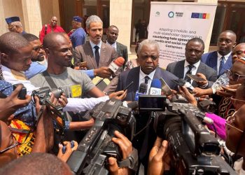 Communication minister, Rene Emmanuel Sadi, speaking to the press at the workshop in Yaounde