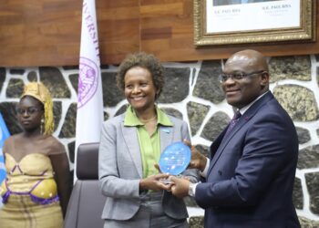 Nadine Perrault (L), with rector of Yaounde 1 university