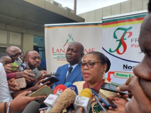 General Manager of LANACOME, Ngono Mballa Rose, talking to the press